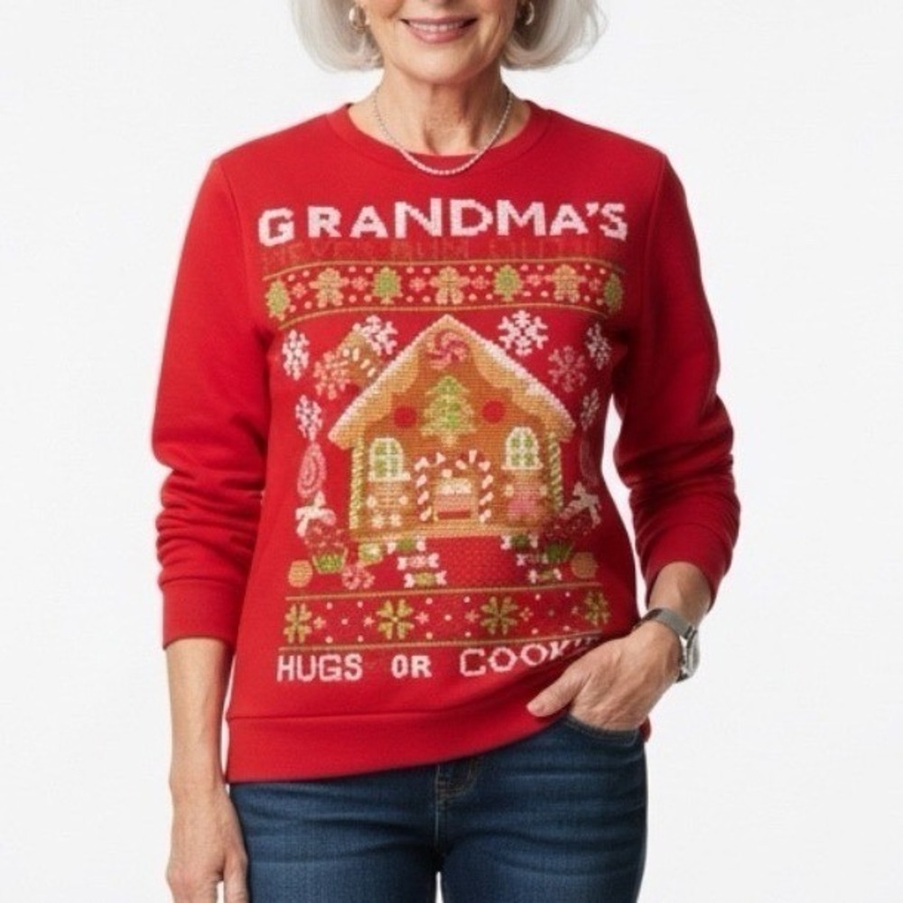 Holiday‎ Time Sweatshirt Women Medium Red Grandma Gingerbread Hugs or Cookies